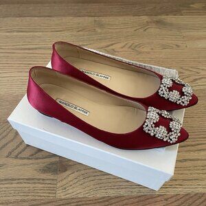 Manolo Blahnik Hangisi Satin Red Flats